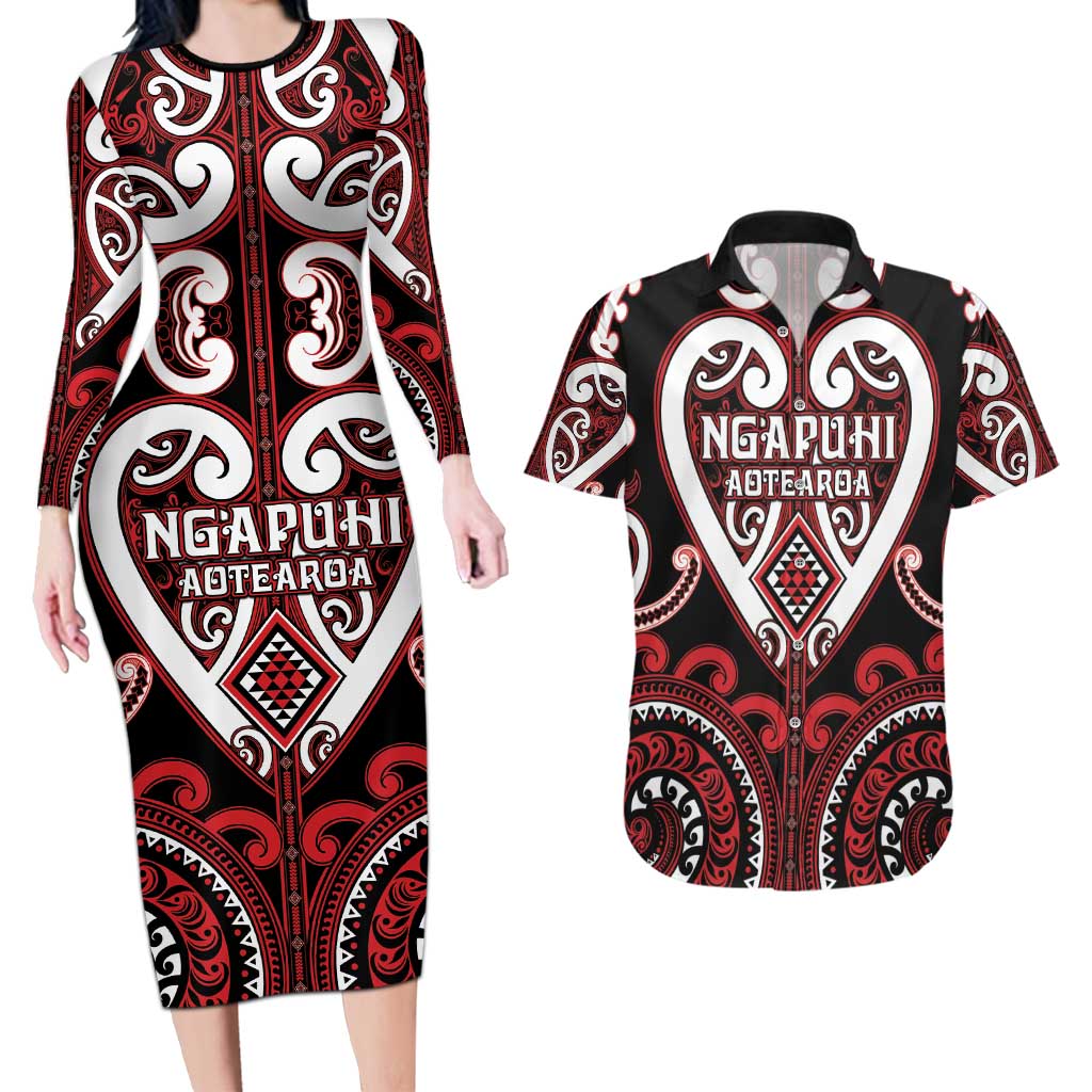 Custom Aotearoa Ngapuhi Couples Matching Long Sleeve Bodycon Dress and Hawaiian Shirt Maori Tribal Pattern LT05 Red - Polynesian Pride