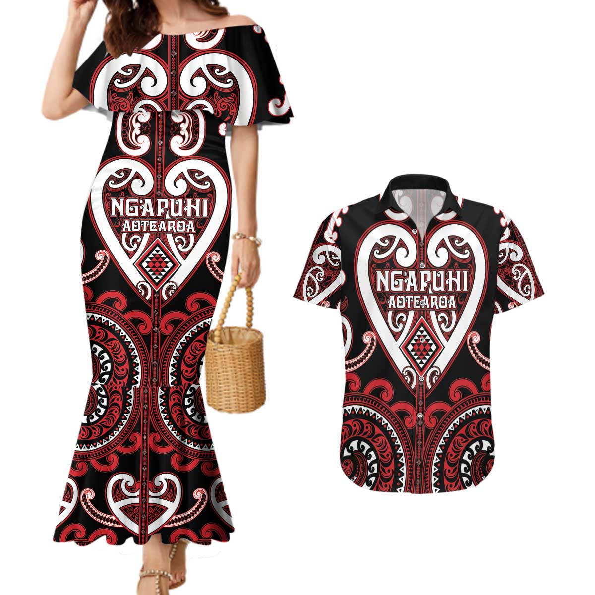 Custom Aotearoa Ngapuhi Couples Matching Mermaid Dress and Hawaiian Shirt Maori Tribal Pattern LT05 Red - Polynesian Pride