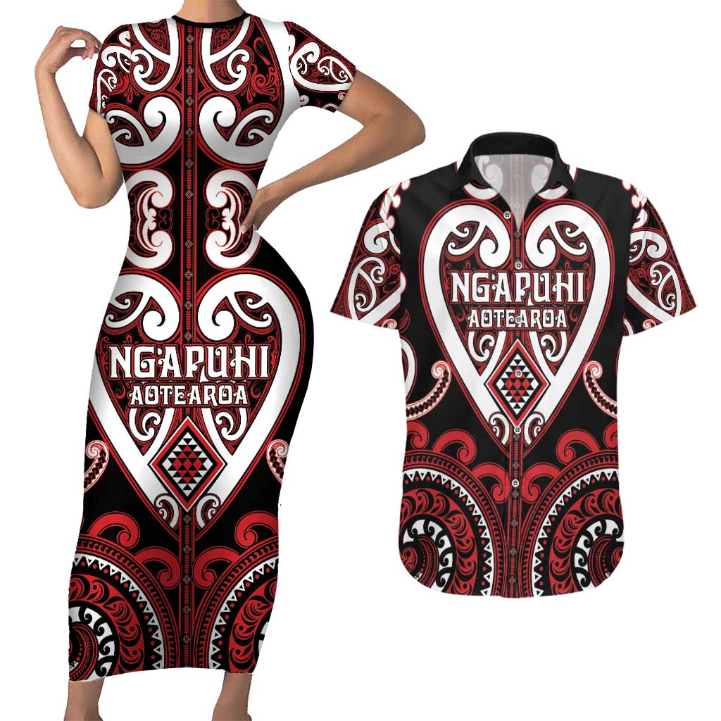 Custom Aotearoa Ngapuhi Couples Matching Short Sleeve Bodycon Dress and Hawaiian Shirt Maori Tribal Pattern LT05 Red - Polynesian Pride