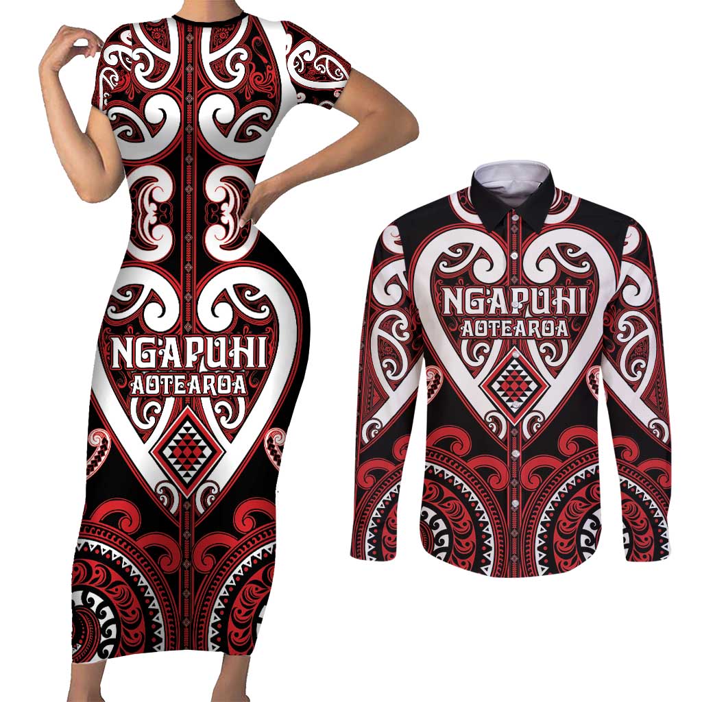 Custom Aotearoa Ngapuhi Couples Matching Short Sleeve Bodycon Dress and Long Sleeve Button Shirt Maori Tribal Pattern LT05 Red - Polynesian Pride
