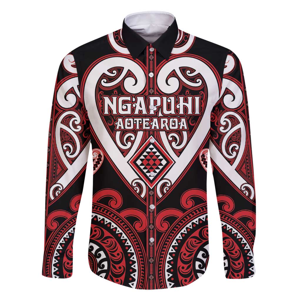 Custom Aotearoa Ngapuhi Family Matching Puletasi and Hawaiian Shirt Maori Tribal Pattern LT05 Dad's Shirt - Long Sleeve Red - Polynesian Pride