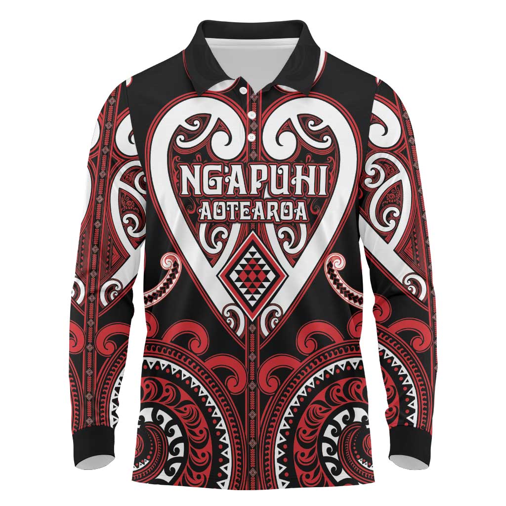 Custom Aotearoa Ngapuhi Long Sleeve Polo Shirt Maori Tribal Pattern LT05 Red - Polynesian Pride
