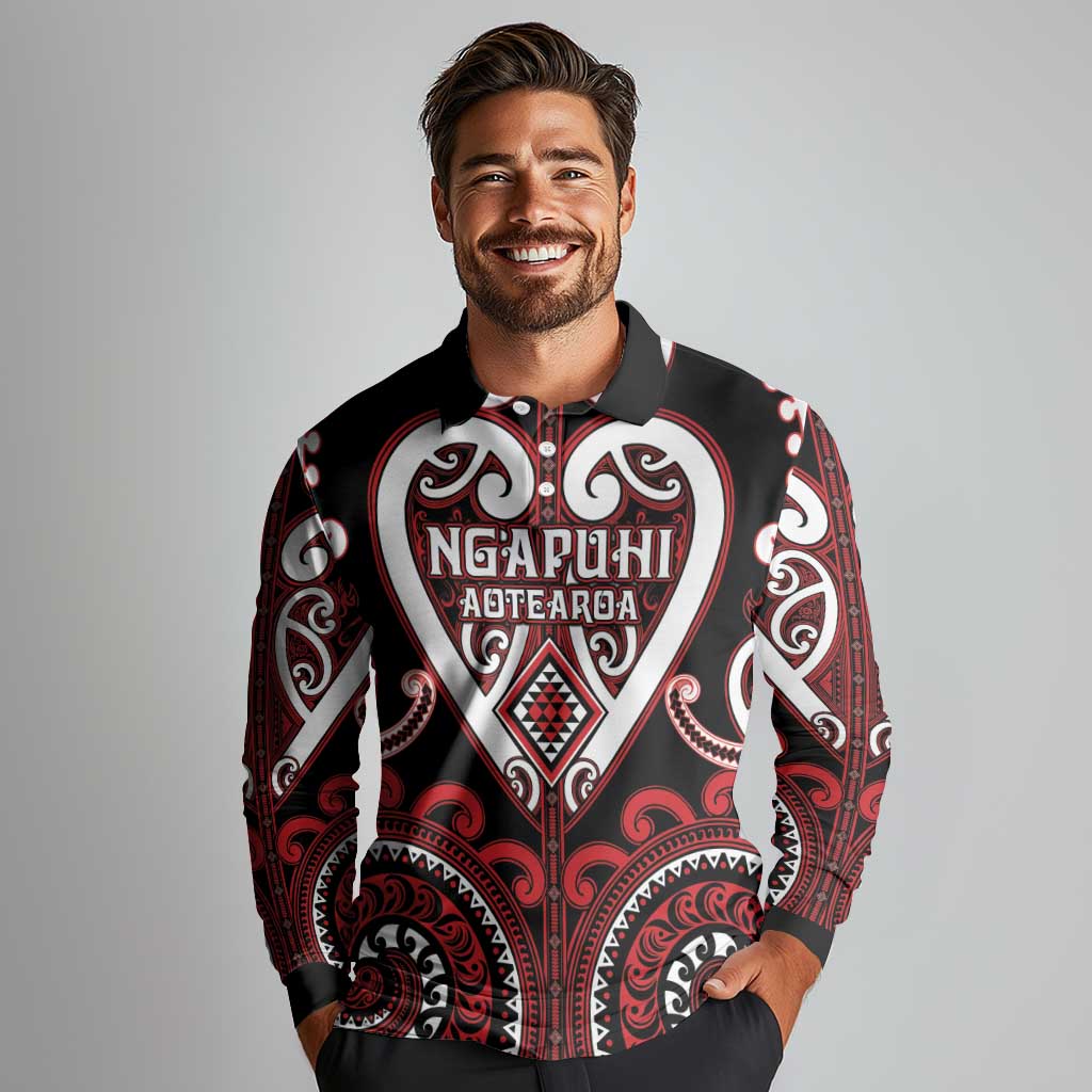 Custom Aotearoa Ngapuhi Long Sleeve Polo Shirt Maori Tribal Pattern LT05 - Polynesian Pride