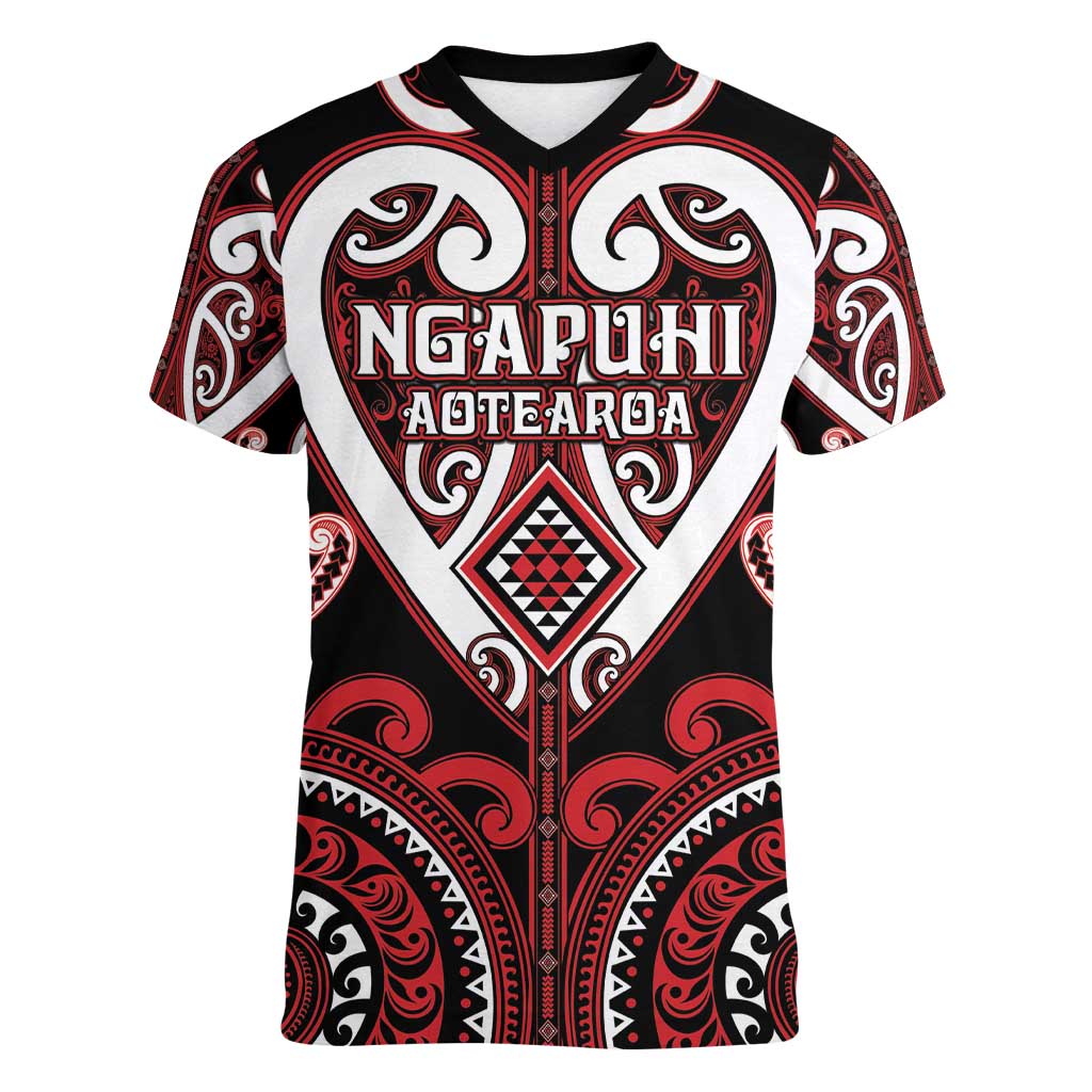 Custom Aotearoa Ngapuhi Women V-Neck T-Shirt Maori Tribal Pattern