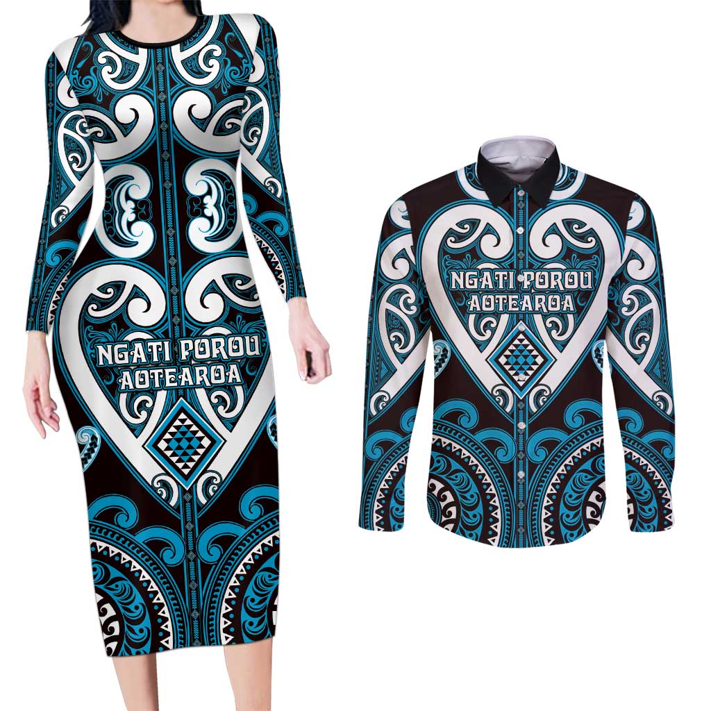 Custom Aotearoa Ngati Porou Couples Matching Long Sleeve Bodycon Dress and Long Sleeve Button Shirt Maori Tribal Pattern LT05 Blue - Polynesian Pride