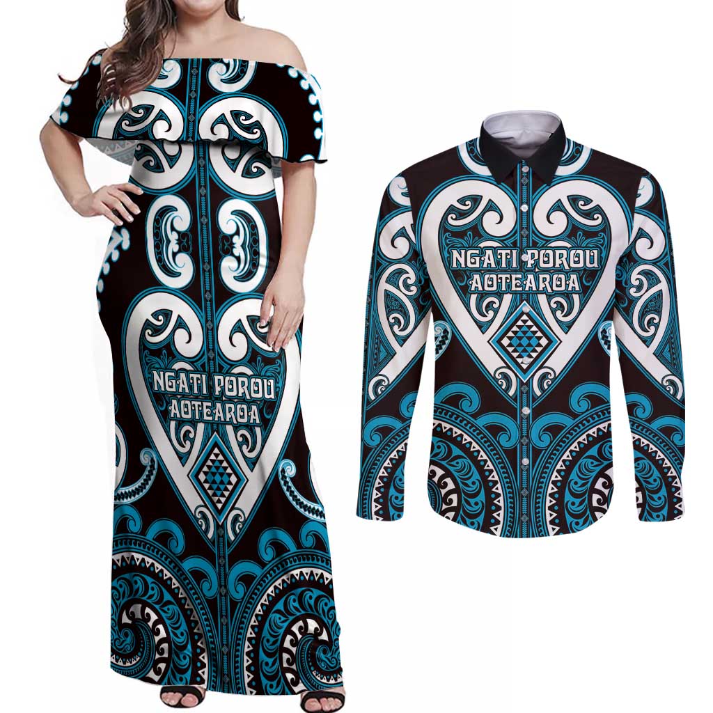 Custom Aotearoa Ngati Porou Couples Matching Off Shoulder Maxi Dress and Long Sleeve Button Shirt Maori Tribal Pattern