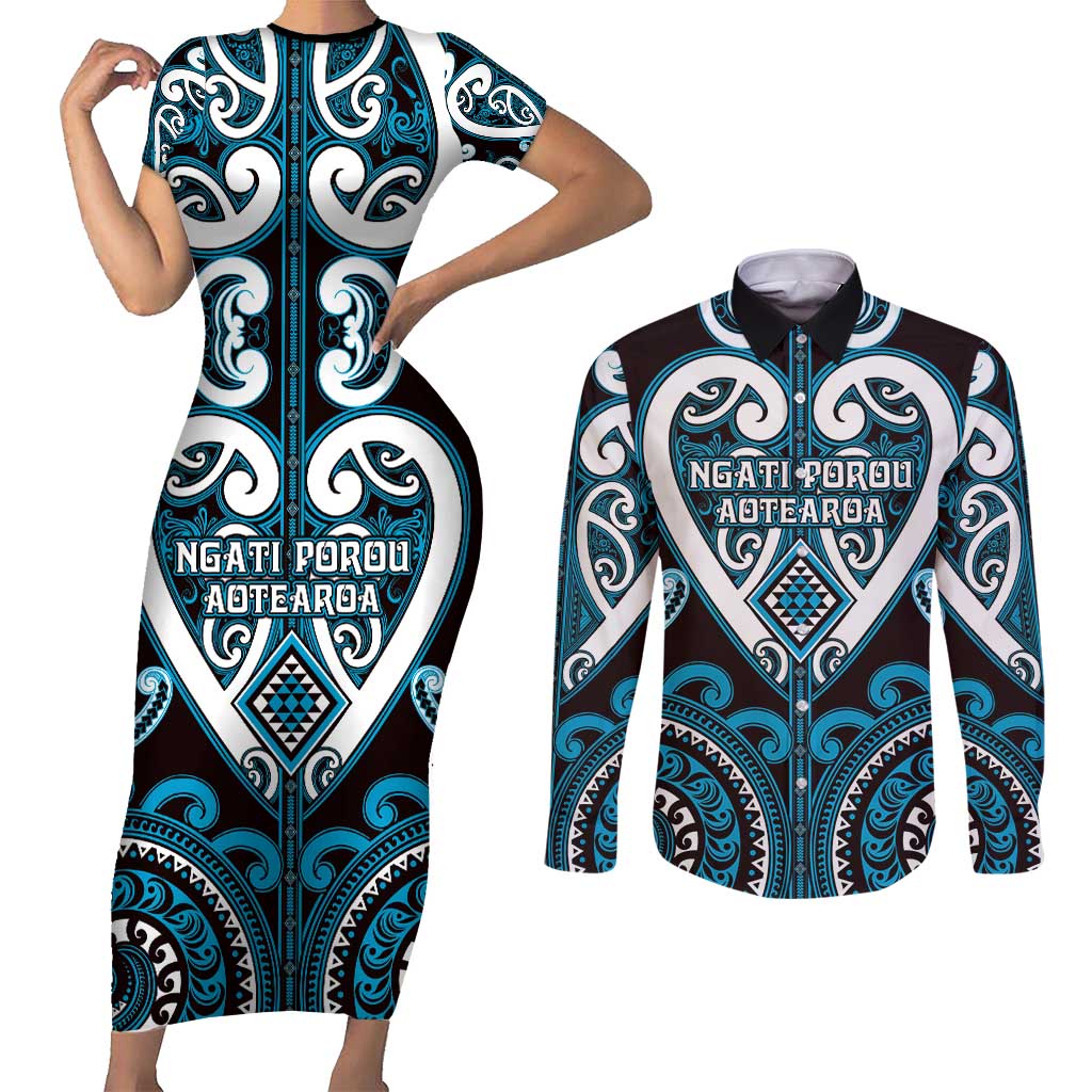 Custom Aotearoa Ngati Porou Couples Matching Short Sleeve Bodycon Dress and Long Sleeve Button Shirt Maori Tribal Pattern LT05 Blue - Polynesian Pride