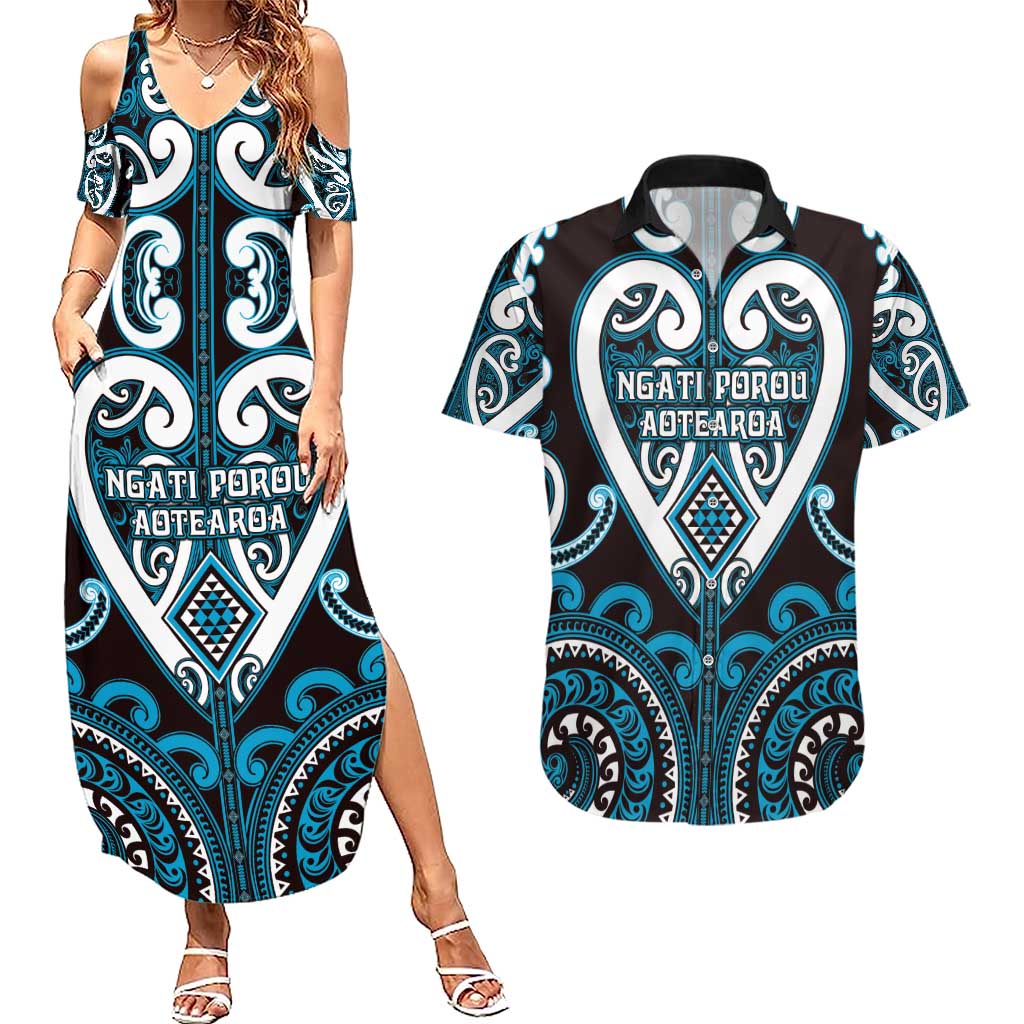 Custom Aotearoa Ngati Porou Couples Matching Summer Maxi Dress and Hawaiian Shirt Maori Tribal Pattern LT05 Blue - Polynesian Pride
