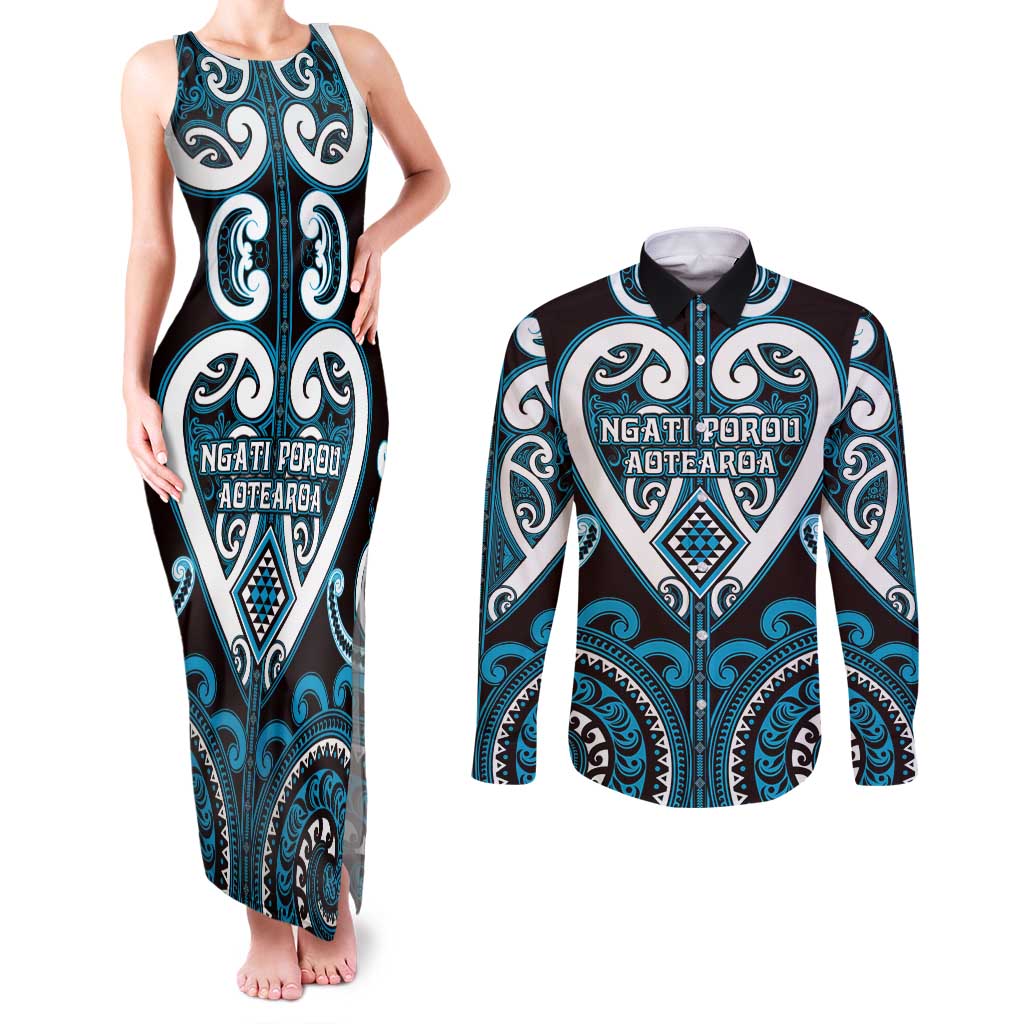 Custom Aotearoa Ngati Porou Couples Matching Tank Maxi Dress and Long Sleeve Button Shirt Maori Tribal Pattern LT05 Blue - Polynesian Pride