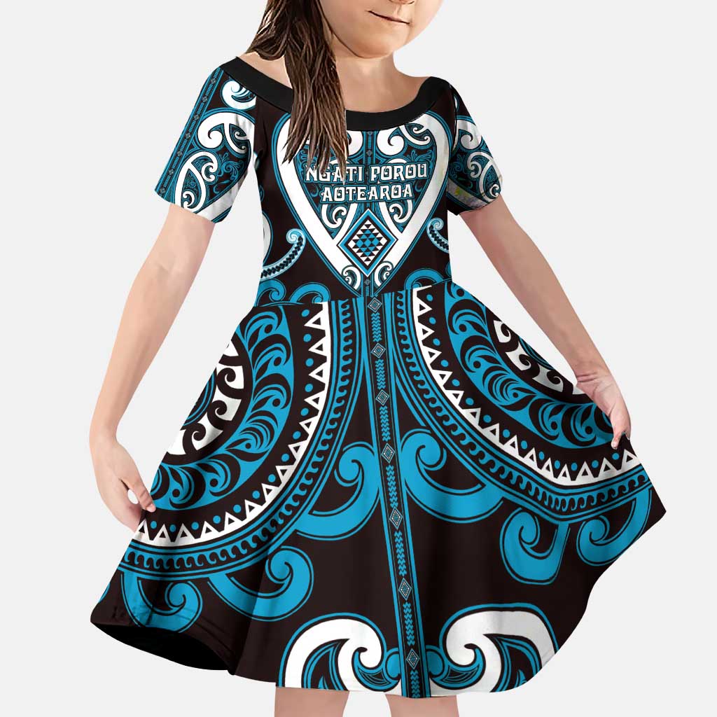 Custom Aotearoa Ngati Porou Family Matching Puletasi and Hawaiian Shirt Maori Tribal Pattern LT05 Daughter's Dress Blue - Polynesian Pride