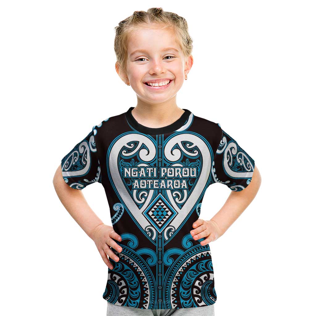 Custom Aotearoa Ngati Porou Kid T Shirt Maori Tribal Pattern LT05 Blue - Polynesian Pride