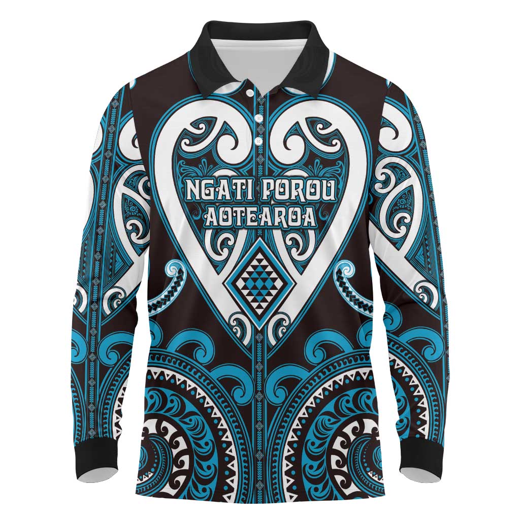 Custom Aotearoa Ngati Porou Long Sleeve Polo Shirt Maori Tribal Pattern LT05 Blue - Polynesian Pride