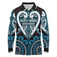 Custom Aotearoa Ngati Porou Long Sleeve Polo Shirt Maori Tribal Pattern LT05 Blue - Polynesian Pride