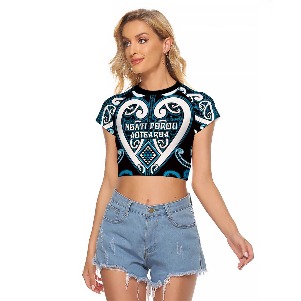 Custom Aotearoa Ngati Porou Raglan Cropped T Shirt Maori Tribal Pattern LT05 Female Blue - Polynesian Pride