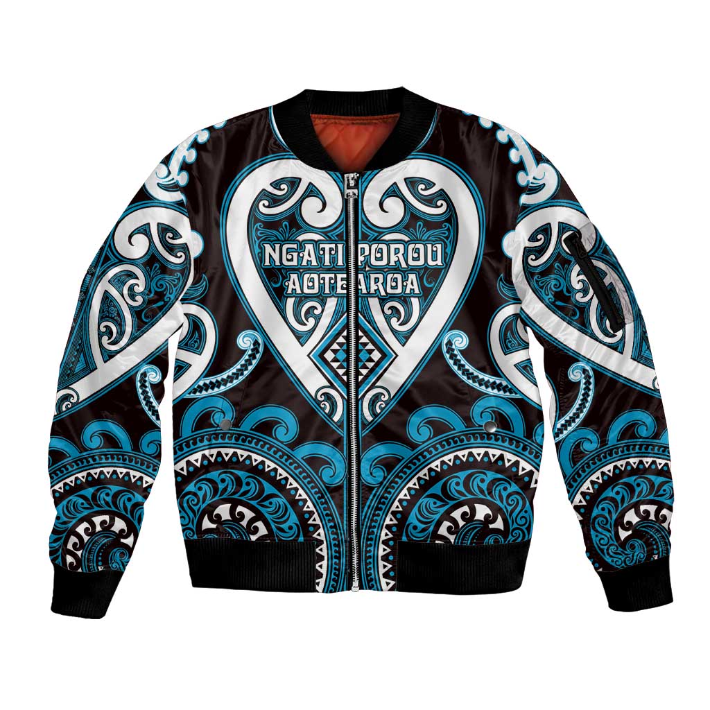 Custom Aotearoa Ngati Porou Sleeve Zip Bomber Jacket Maori Tribal Pattern LT05 Unisex Blue - Polynesian Pride