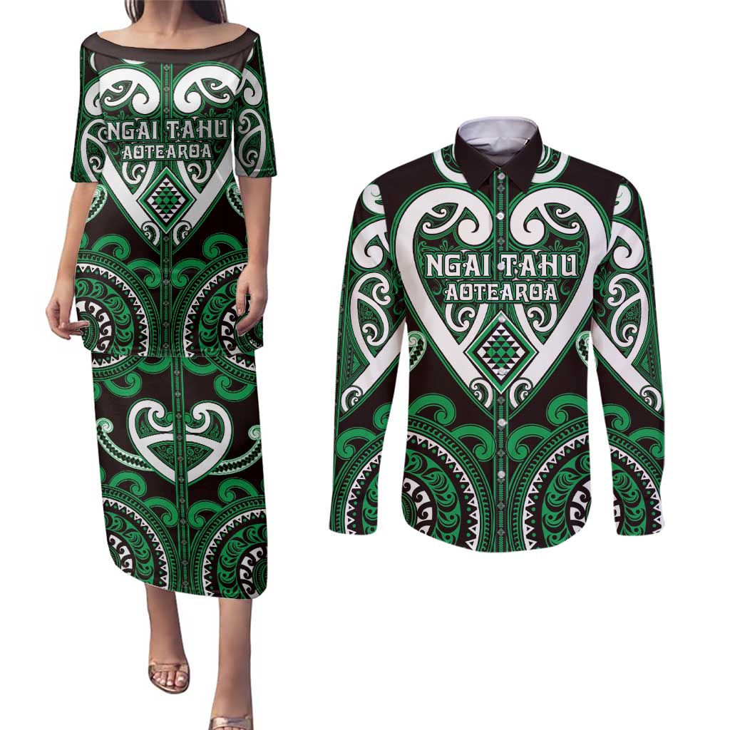 Custom Aotearoa Ngai Tahu Couples Matching Puletasi and Long Sleeve Button Shirt Maori Tribal Pattern LT05 Green - Polynesian Pride