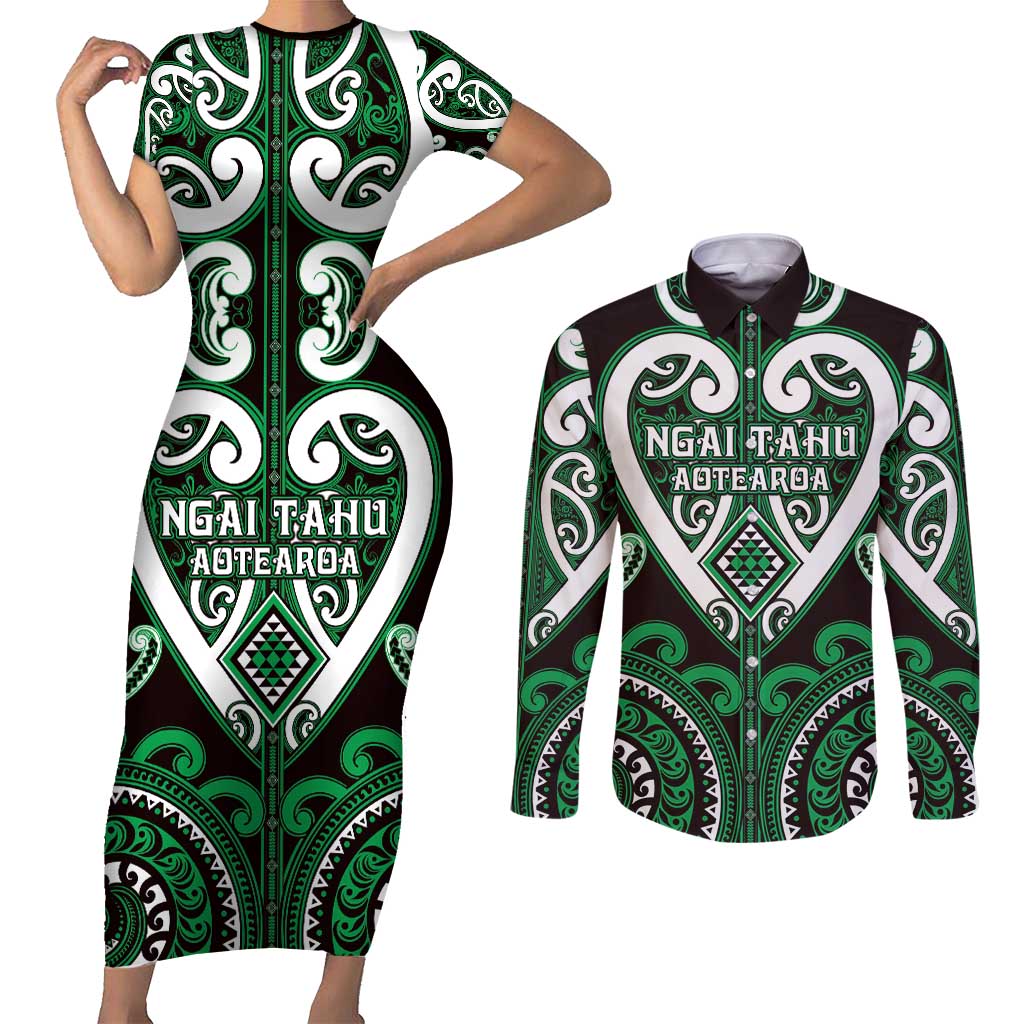 Custom Aotearoa Ngai Tahu Couples Matching Short Sleeve Bodycon Dress and Long Sleeve Button Shirt Maori Tribal Pattern LT05 Green - Polynesian Pride