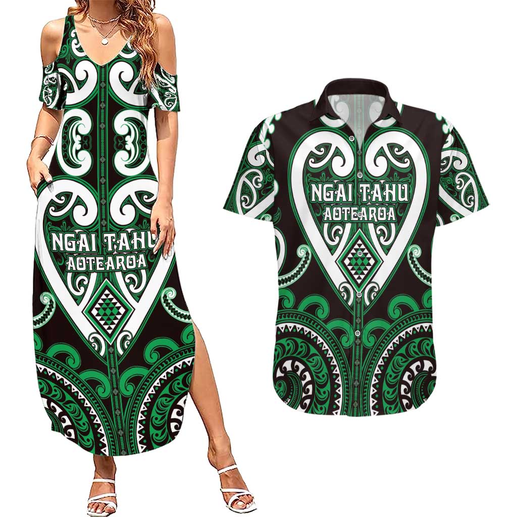 Custom Aotearoa Ngai Tahu Couples Matching Summer Maxi Dress and Hawaiian Shirt Maori Tribal Pattern LT05 Green - Polynesian Pride