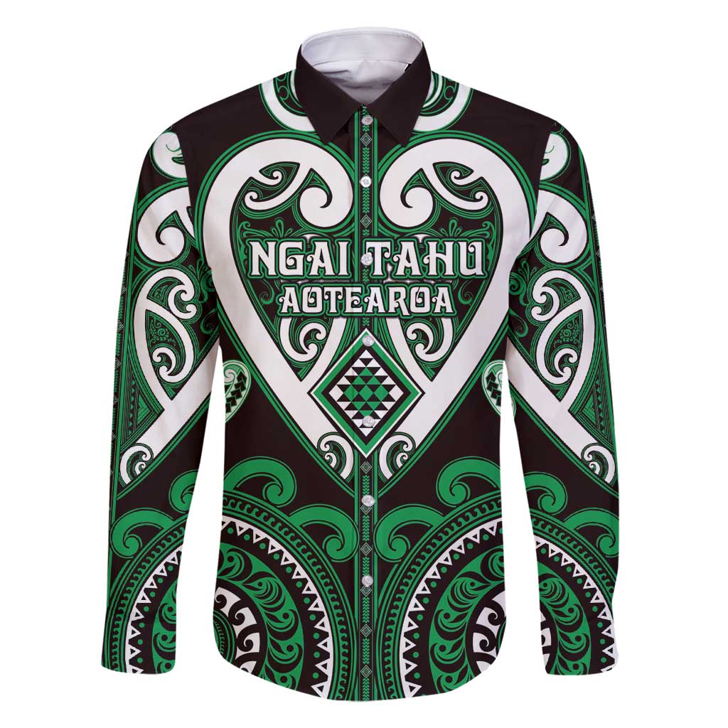 Custom Aotearoa Ngai Tahu Family Matching Off Shoulder Maxi Dress and Hawaiian Shirt Maori Tribal Pattern LT05 Dad's Shirt - Long Sleeve Green - Polynesian Pride