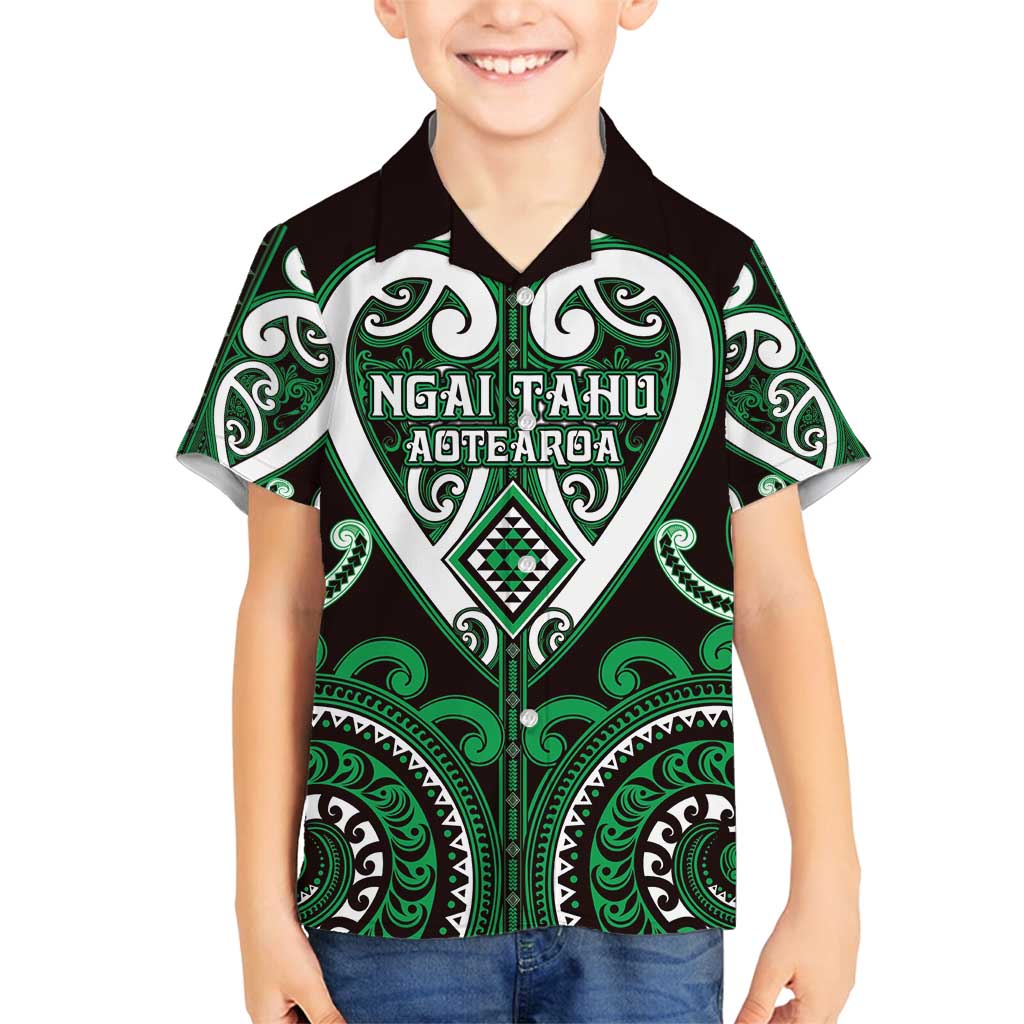 Custom Aotearoa Ngai Tahu Family Matching Off Shoulder Maxi Dress and Hawaiian Shirt Maori Tribal Pattern LT05 Son's Shirt Green - Polynesian Pride