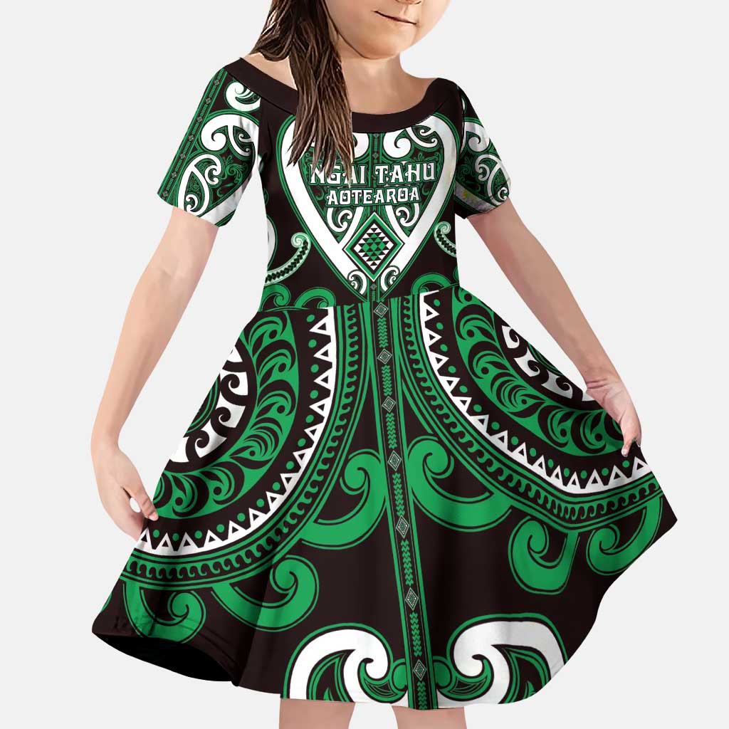 Custom Aotearoa Ngai Tahu Family Matching Puletasi and Hawaiian Shirt Maori Tribal Pattern LT05 Daughter's Dress Green - Polynesian Pride