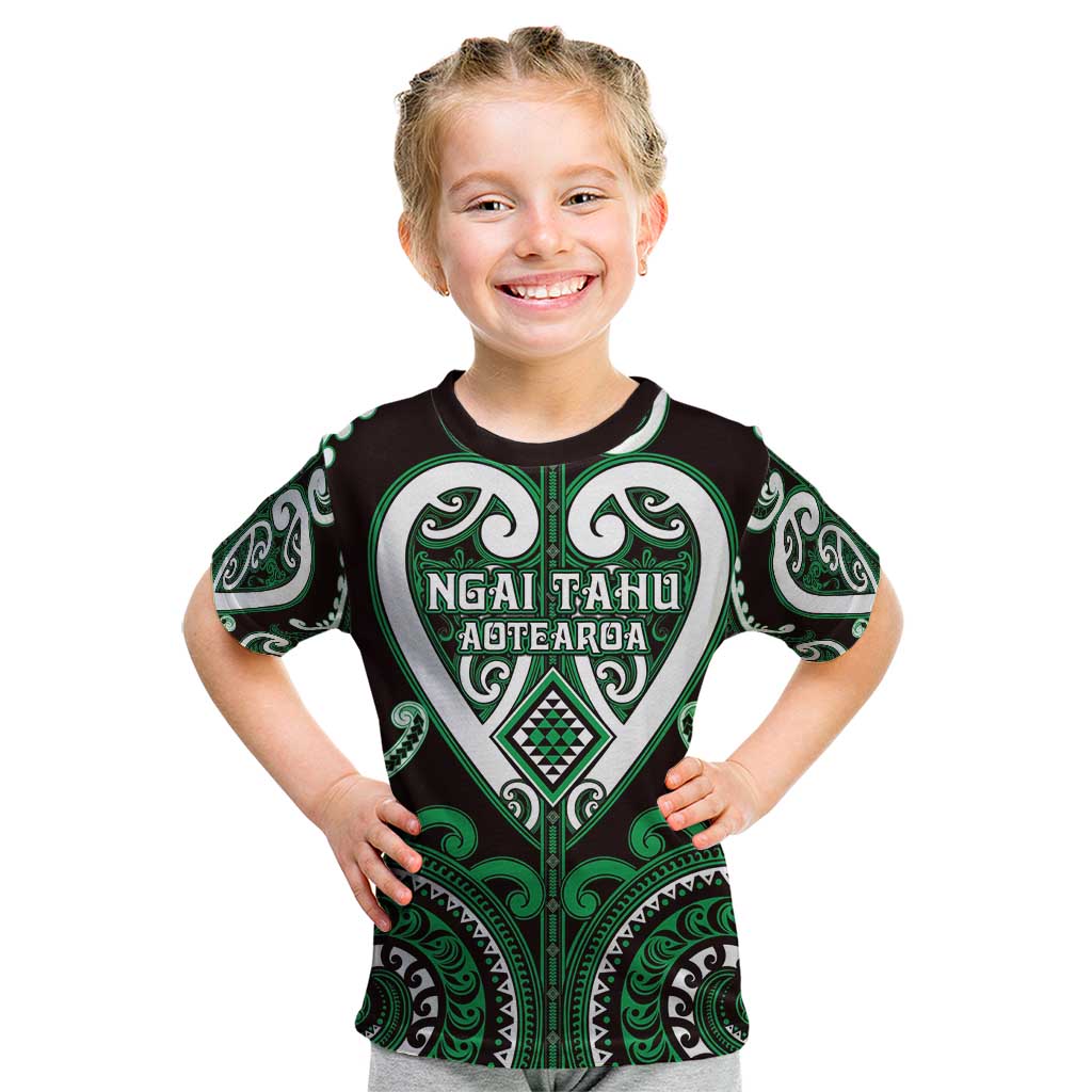 Custom Aotearoa Ngai Tahu Kid T Shirt Maori Tribal Pattern LT05 Green - Polynesian Pride
