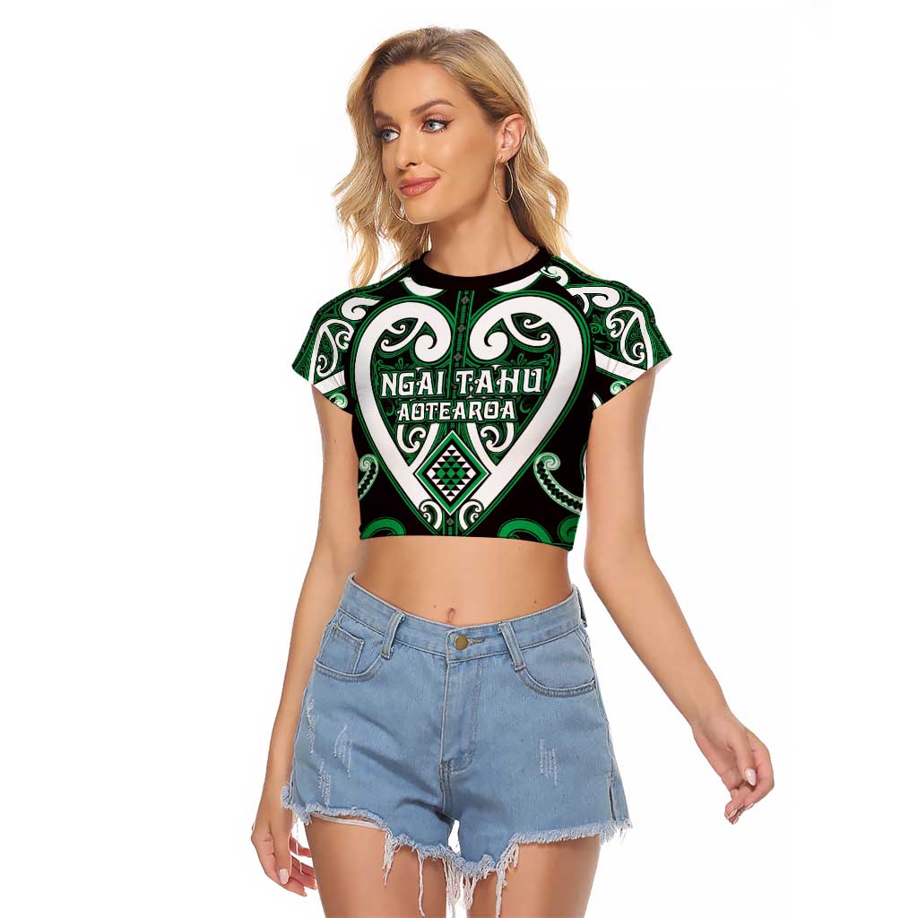Custom Aotearoa Ngai Tahu Raglan Cropped T Shirt Maori Tribal Pattern LT05 Female Green - Polynesian Pride