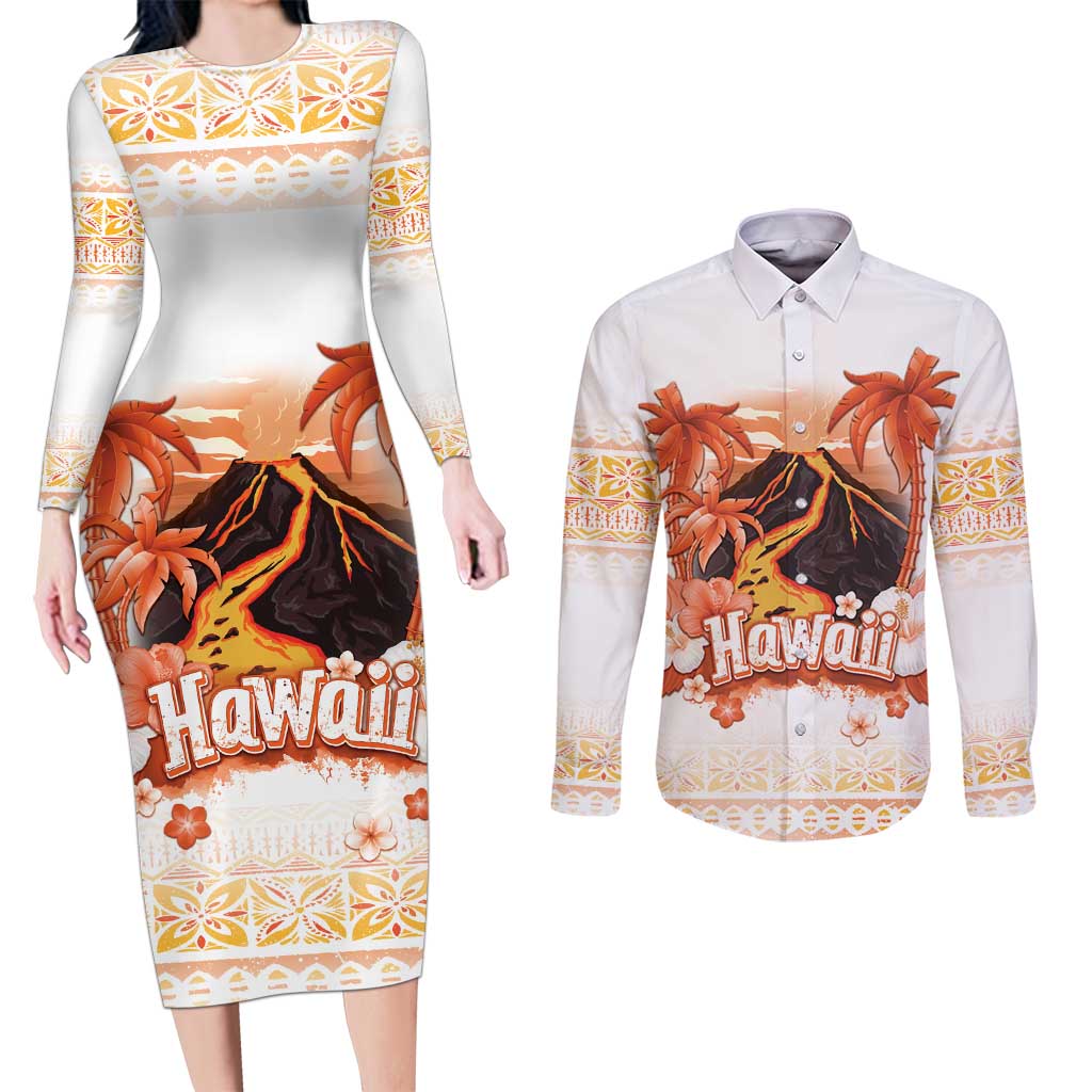 Hawaiian Volcano Lava Flow Couples Matching Long Sleeve Bodycon Dress and Long Sleeve Button Shirt With Hawaiian Tapa Pattern LT05 Orange - Polynesian Pride