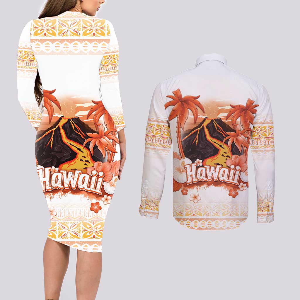 Hawaiian Volcano Lava Flow Couples Matching Long Sleeve Bodycon Dress and Long Sleeve Button Shirt With Hawaiian Tapa Pattern LT05 - Polynesian Pride