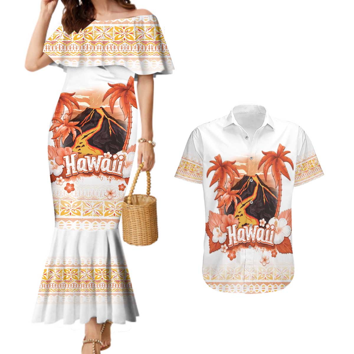 Hawaiian Volcano Lava Flow Couples Matching Mermaid Dress and Hawaiian Shirt With Hawaiian Tapa Pattern LT05 Orange - Polynesian Pride