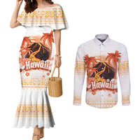 Hawaiian Volcano Lava Flow Couples Matching Mermaid Dress and Long Sleeve Button Shirt With Hawaiian Tapa Pattern LT05 Orange - Polynesian Pride