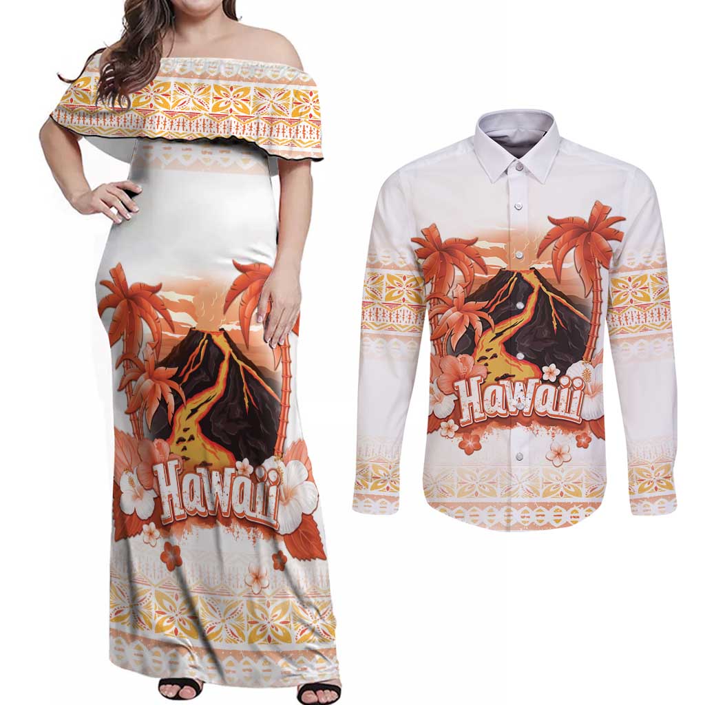 Hawaiian Volcano Lava Flow Couples Matching Off Shoulder Maxi Dress and Long Sleeve Button Shirt With Hawaiian Tapa Pattern LT05 Orange - Polynesian Pride