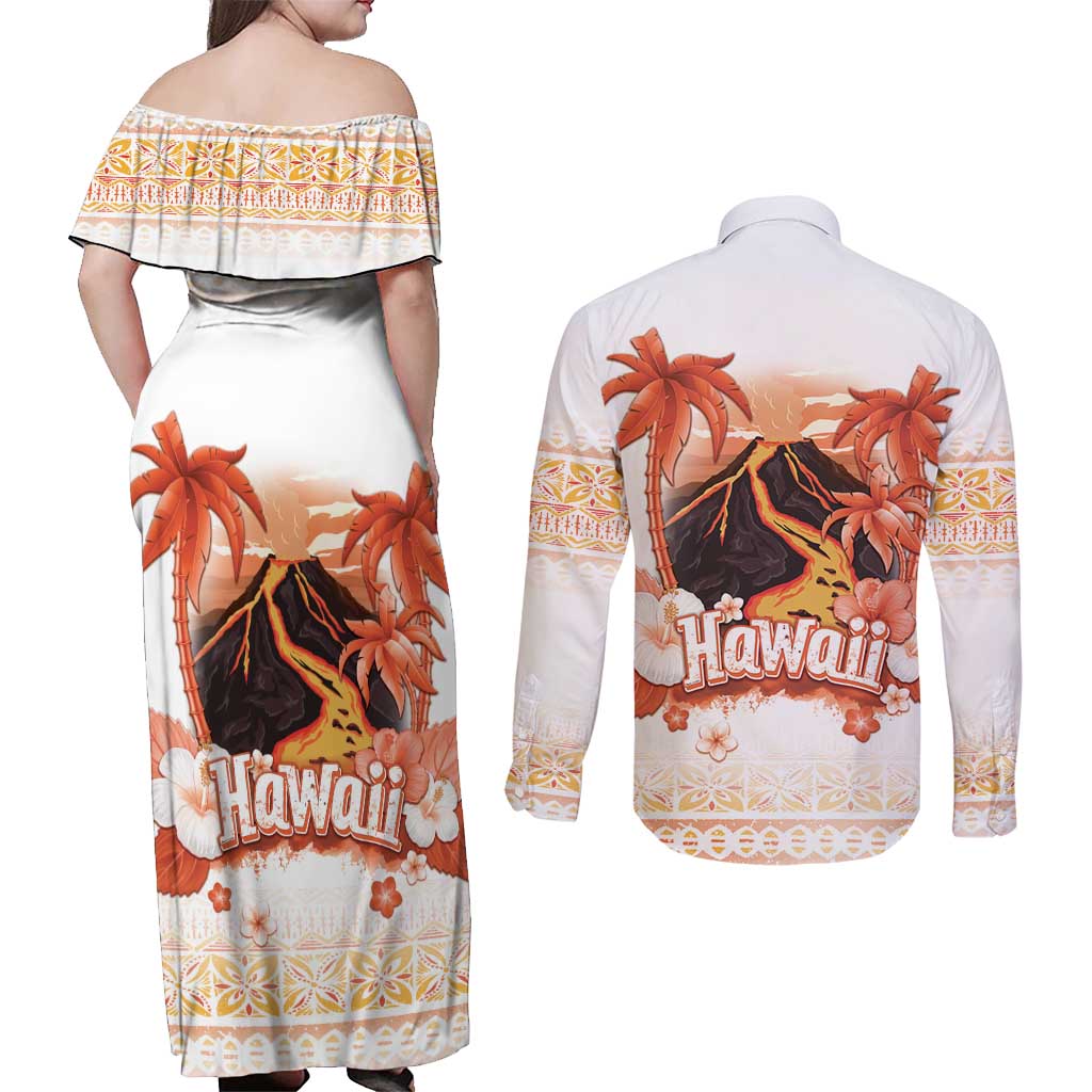 Hawaiian Volcano Lava Flow Couples Matching Off Shoulder Maxi Dress and Long Sleeve Button Shirt With Hawaiian Tapa Pattern LT05 - Polynesian Pride
