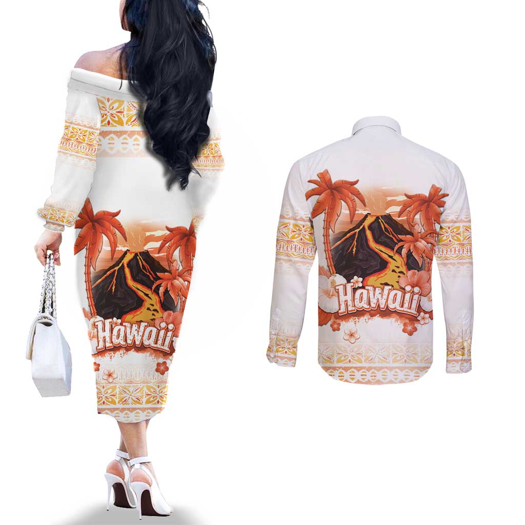 Hawaiian Volcano Lava Flow Couples Matching Off The Shoulder Long Sleeve Dress and Long Sleeve Button Shirt With Hawaiian Tapa Pattern LT05 - Polynesian Pride