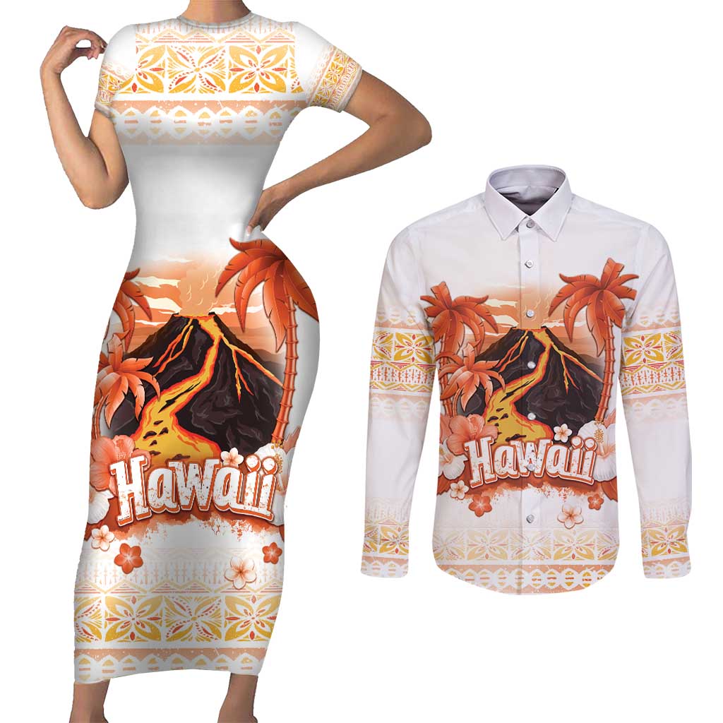 Hawaiian Volcano Lava Flow Couples Matching Short Sleeve Bodycon Dress and Long Sleeve Button Shirt With Hawaiian Tapa Pattern LT05 Orange - Polynesian Pride