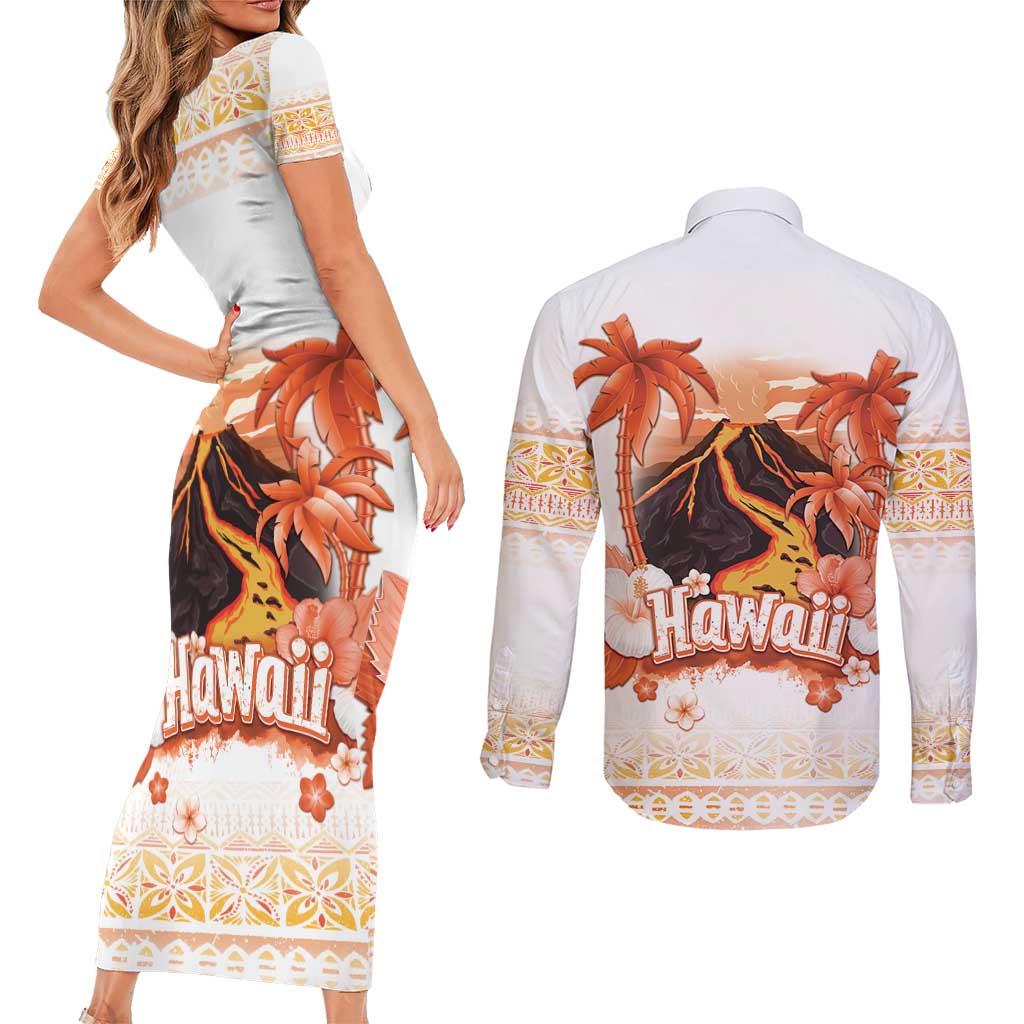 Hawaiian Volcano Lava Flow Couples Matching Short Sleeve Bodycon Dress and Long Sleeve Button Shirt With Hawaiian Tapa Pattern LT05 - Polynesian Pride