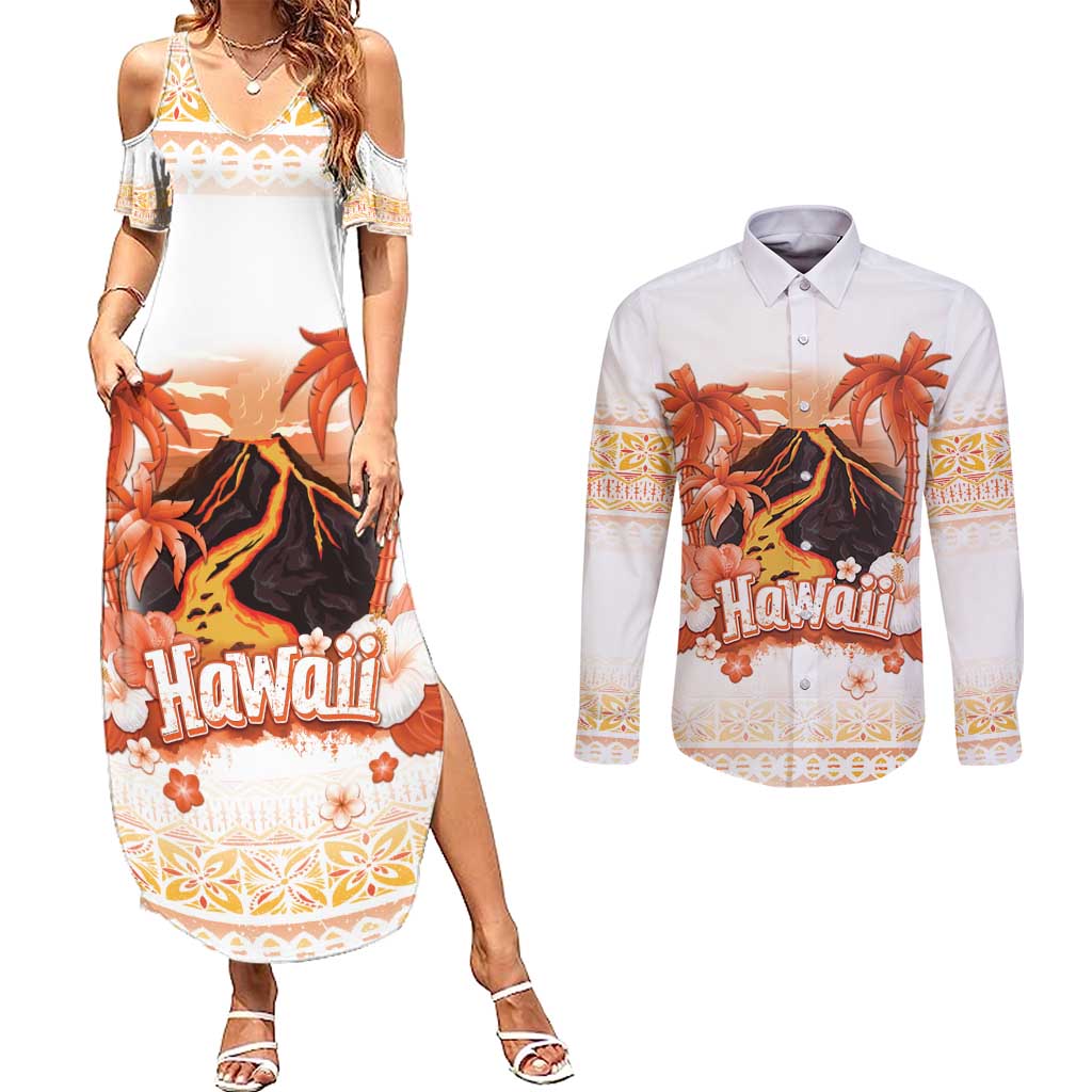 Hawaiian Volcano Lava Flow Couples Matching Summer Maxi Dress and Long Sleeve Button Shirt With Hawaiian Tapa Pattern LT05 Orange - Polynesian Pride