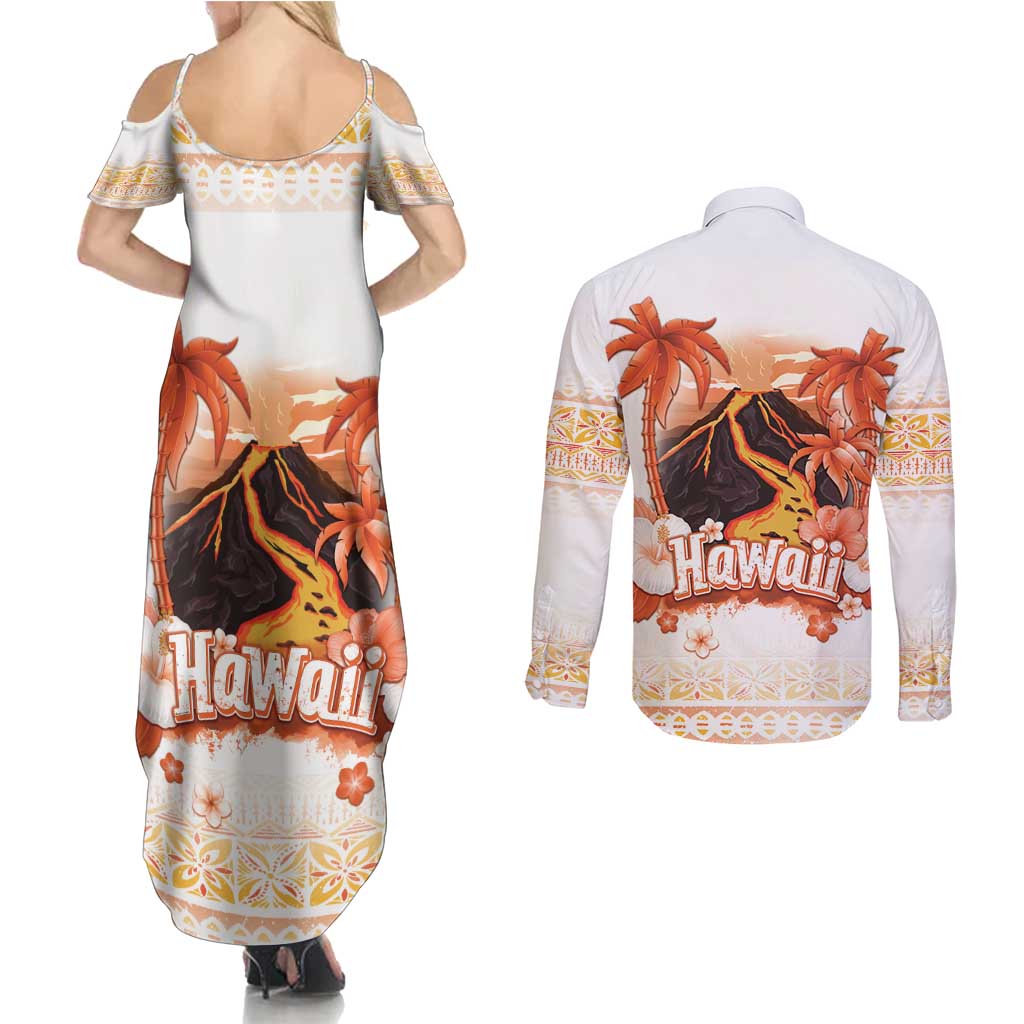 Hawaiian Volcano Lava Flow Couples Matching Summer Maxi Dress and Long Sleeve Button Shirt With Hawaiian Tapa Pattern LT05 - Polynesian Pride