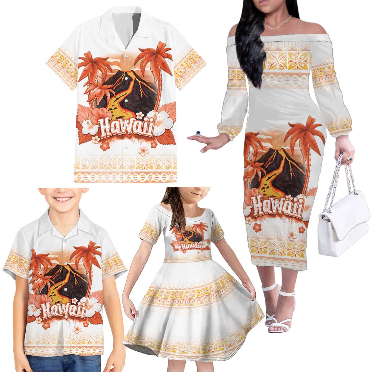 Hawaiian Volcano Lava Flow Family Matching Off The Shoulder Long Sleeve Dress and Hawaiian Shirt With Hawaiian Tapa Pattern LT05 - Polynesian Pride