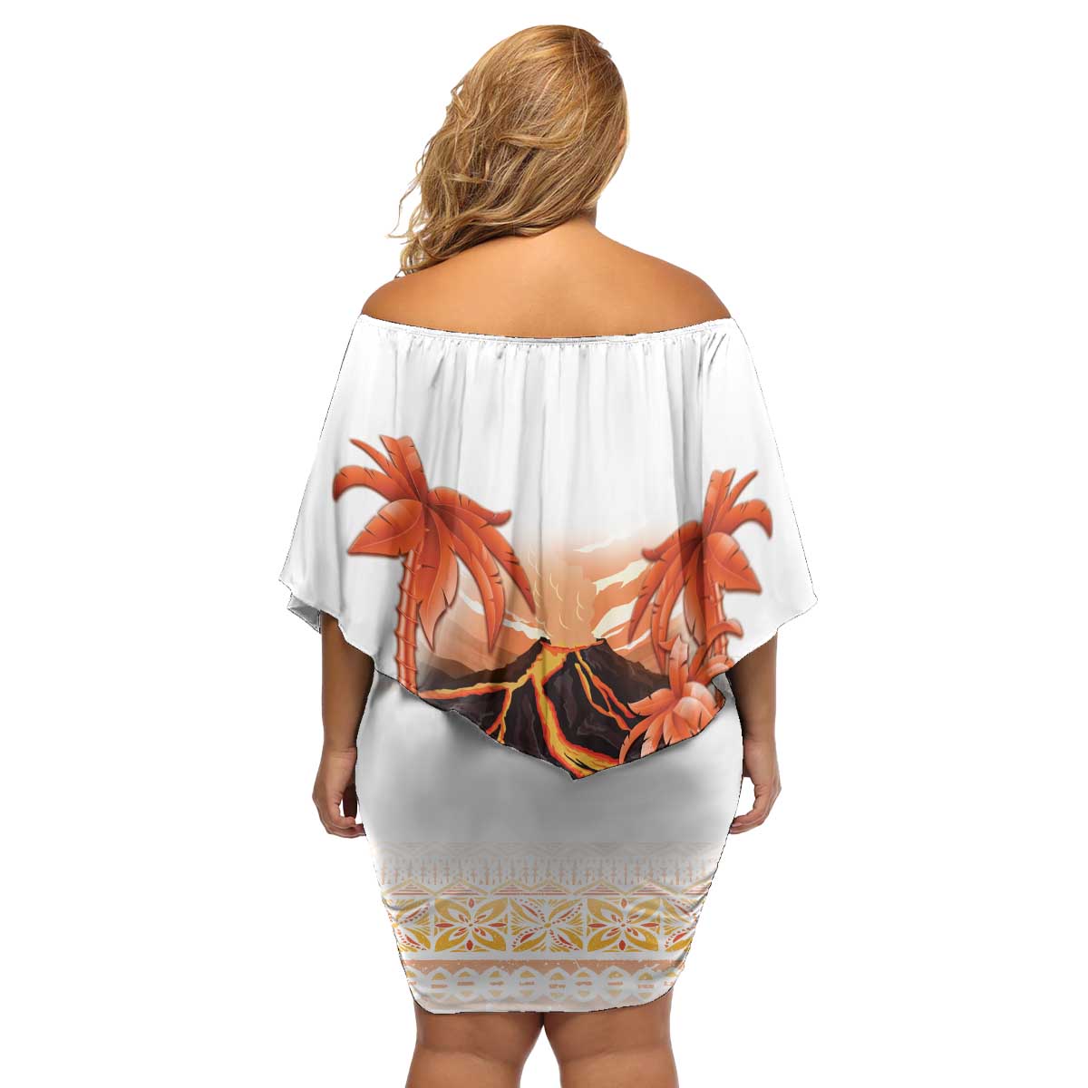 Hawaiian Volcano Lava Flow Family Matching Off Shoulder Short Dress and Hawaiian Shirt With Hawaiian Tapa Pattern
