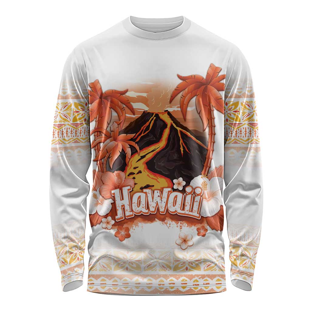 Hawaiian Volcano Lava Flow Long Sleeve Shirt With Hawaiian Tapa Pattern LT05 Unisex Orange - Polynesian Pride