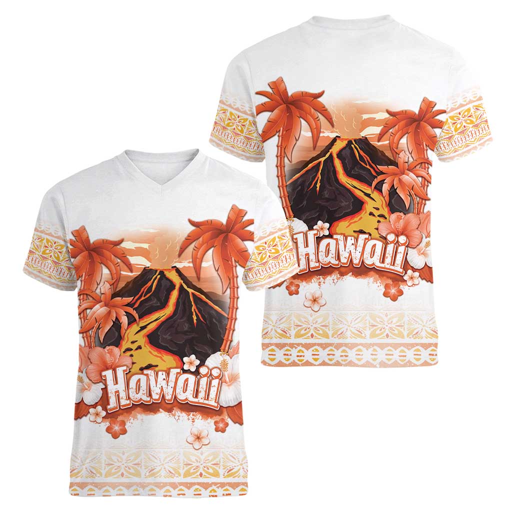 Hawaiian Volcano Lava Flow Women V-Neck T-Shirt With Hawaiian Tapa Pattern
