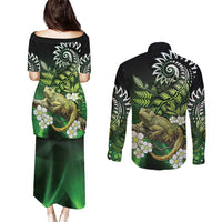 Aotearoa New Zealand Tuatara Couples Matching Puletasi and Long Sleeve Button Shirt Maori Koru Art
