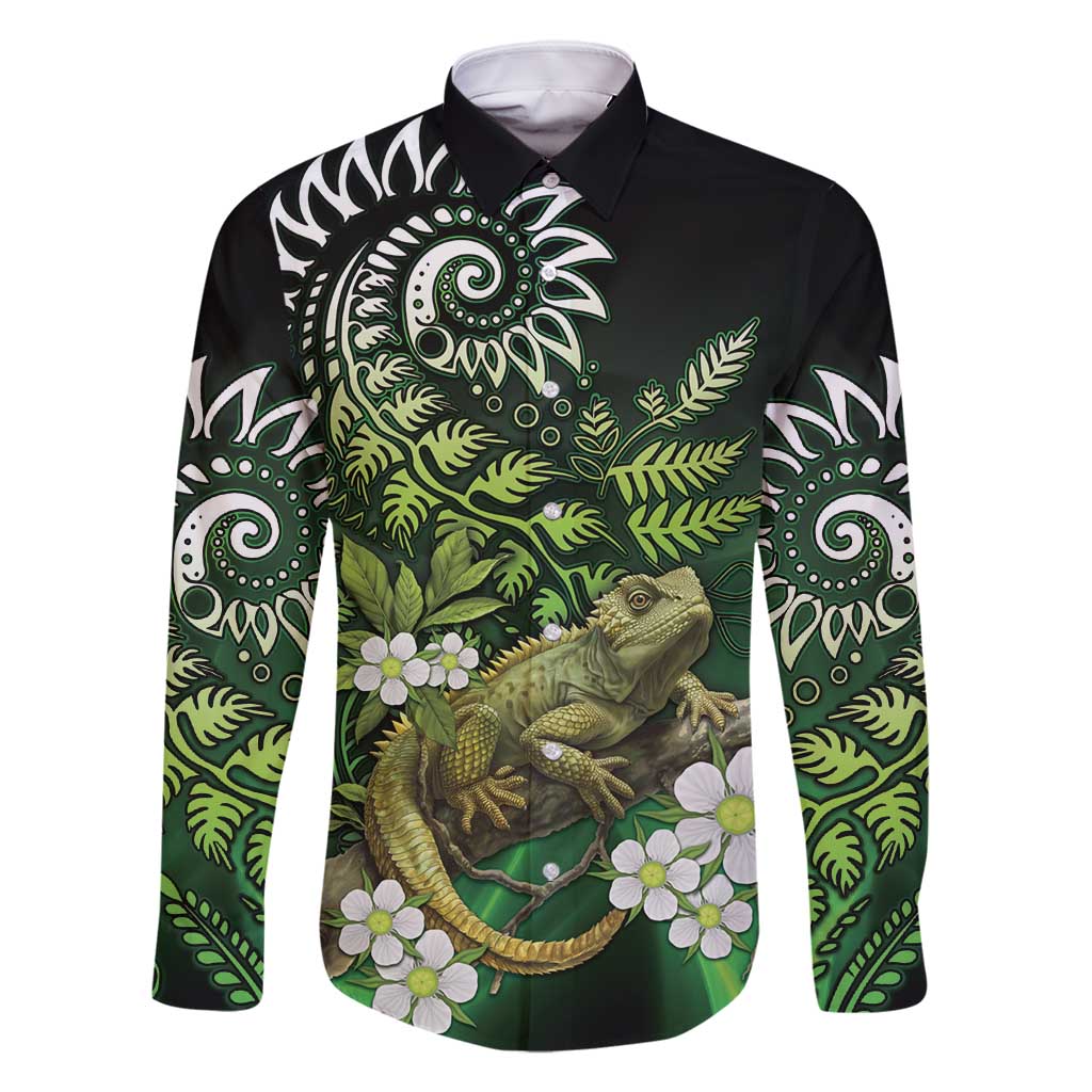 Aotearoa New Zealand Tuatara Family Matching Mermaid Dress and Hawaiian Shirt Maori Koru Art LT05 Dad's Shirt - Long Sleeve Green - Polynesian Pride