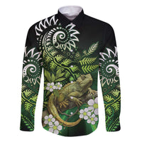 Aotearoa New Zealand Tuatara Family Matching Off The Shoulder Long Sleeve Dress and Hawaiian Shirt Maori Koru Art LT05 Dad's Shirt - Long Sleeve Green - Polynesian Pride