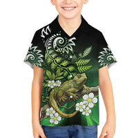Aotearoa New Zealand Tuatara Family Matching Off The Shoulder Long Sleeve Dress and Hawaiian Shirt Maori Koru Art LT05 Son's Shirt Green - Polynesian Pride