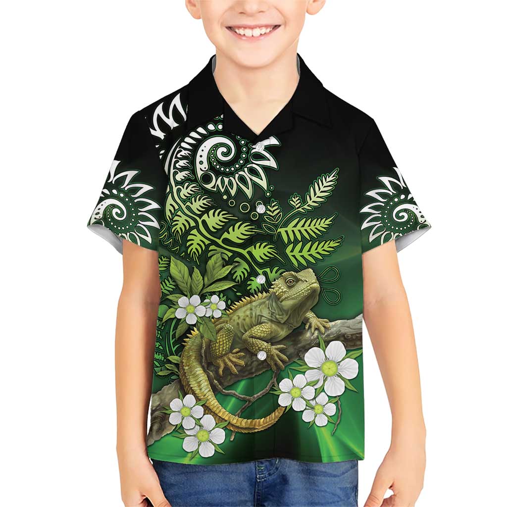 Aotearoa New Zealand Tuatara Family Matching Short Sleeve Bodycon Dress and Hawaiian Shirt Maori Koru Art