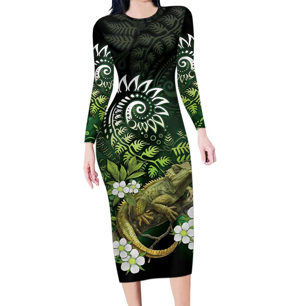 Aotearoa New Zealand Tuatara Long Sleeve Bodycon Dress Maori Koru Art