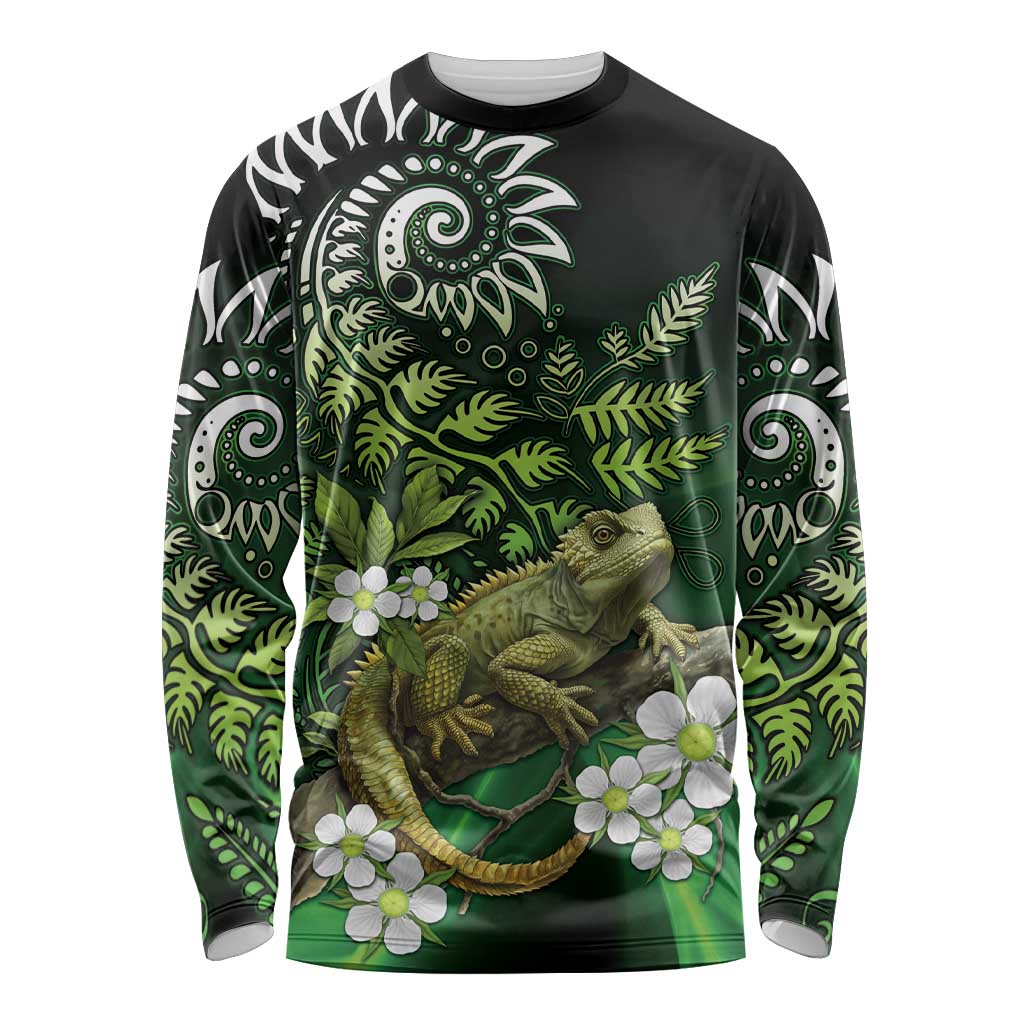 Aotearoa New Zealand Tuatara Long Sleeve Shirt Maori Koru Art LT05 Unisex Green - Polynesian Pride