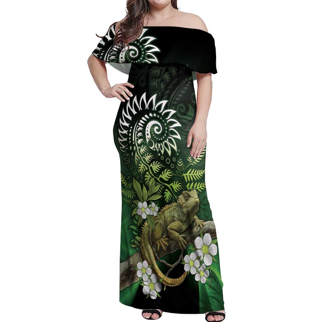 Aotearoa New Zealand Tuatara Off Shoulder Maxi Dress Maori Koru Art LT05 Women Green - Polynesian Pride